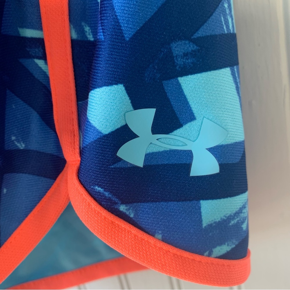 Under Armour (YXL) Girls Shorts; Colorful Teal, Navy Blue & Coral/Orange Print - Picture 6 of 6